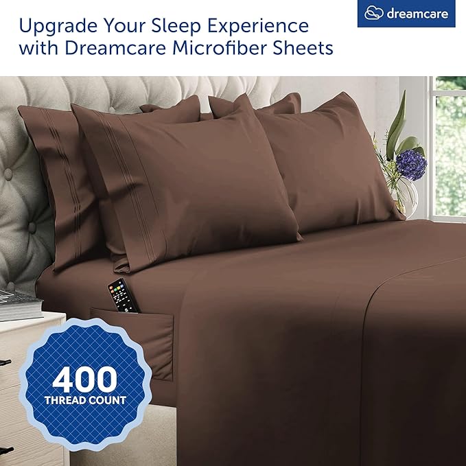 DREAMCARE King Size Sheets Set – 6 pcs Cooling Bed Sheets – up to 15” Deep Pocket King Sheet Set – 2500 Supreme Collection – Extra Soft 100% Brushed Microfiber Hotel Luxury with Side Pocket – M Brown