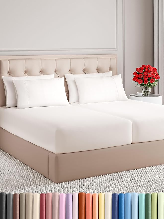Split King 7 Piece Sheet Set - Comfy Breathable & Cooling - Soft Hotel Luxury Bedding Set w/ 8-16 Inch Deep Pockets - 1 Flat & 2 Fitted Sheet & 4 Pillowcases - Wrinkle Free & Easy Care - Antique White
