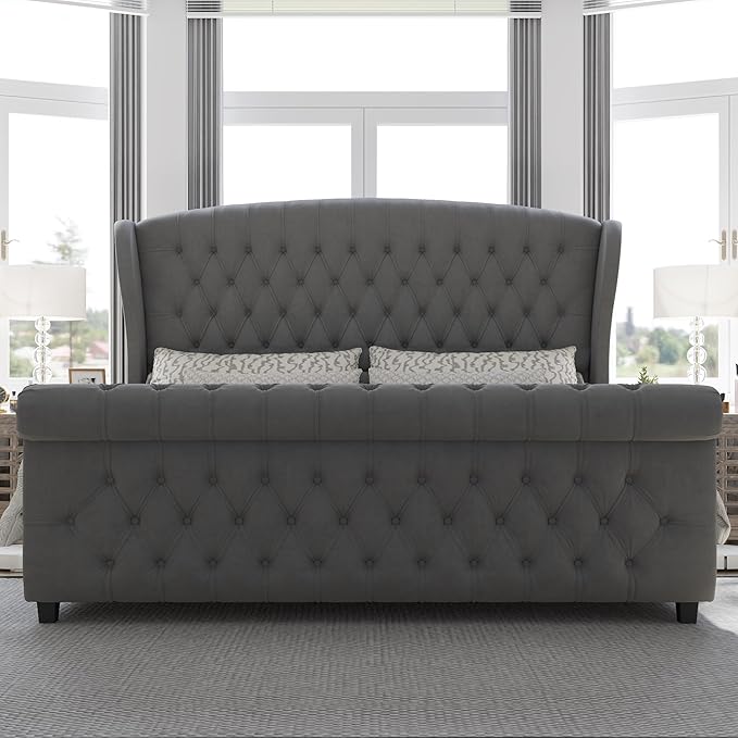 AMERLIFE King Size Platform Bed Frame, Velvet Upholstered Sleigh Bed with Scroll Wingback Headboard & Footboard/Button Tufted/No Box Spring Required/Grey