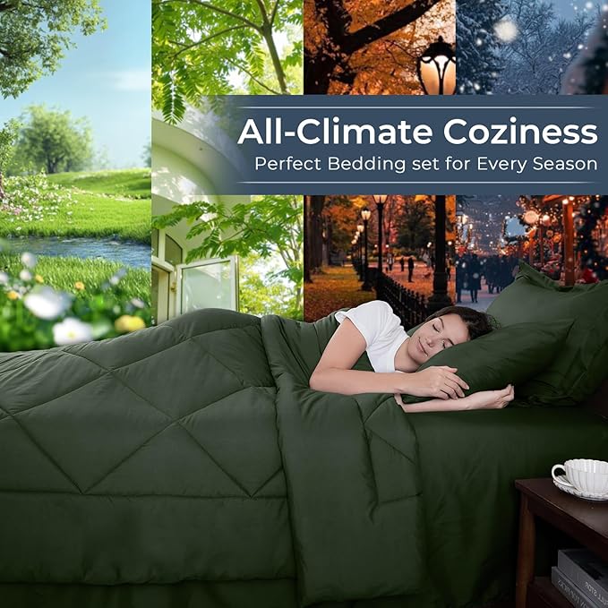 HEVUMYI Army Green Queen Comforter Set - 7-Piece All Season Bed in a Bag Queen, Ultra Soft Bedding Set with Comforter, Flat Sheet, Fitted Sheet, Pillowcases, Pillow Shams