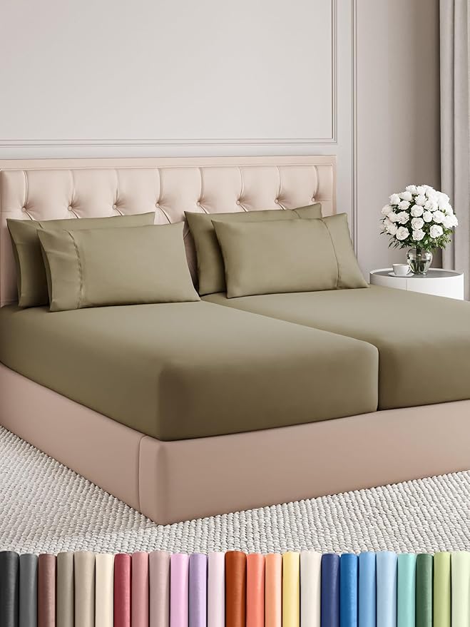 Split King 7 Piece Sheet Set - Comfy Breathable & Cooling - Ultra-Soft Hotel Luxury Bedding Set w/ 8-16 Inch Deep Pockets - 1 Flat & 2 Fitted Sheet & 4 Pillowcases - Wrinkle Free & Easy Care - Khaki