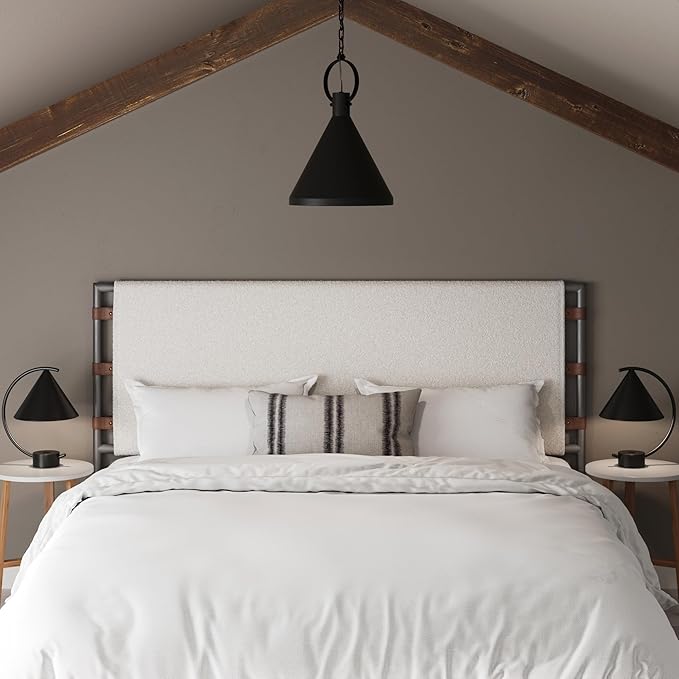 Nathan James Aspen Metal Boucle Fabric Wrapped Headboard, King, White/Gunmetal