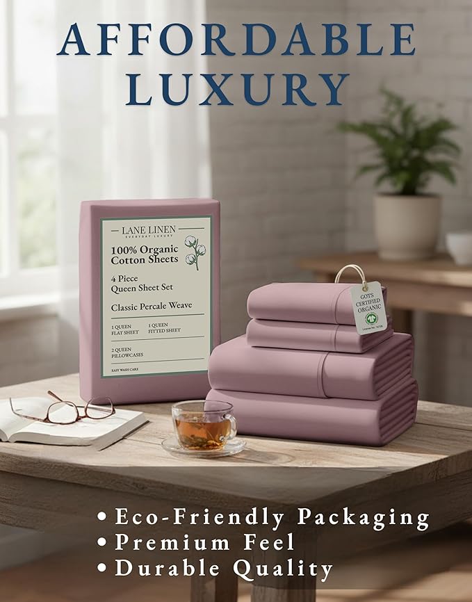 LANE LINEN Queen Size Sheets Set, 100% Organic Cotton Sheet Set, 4 Pc Queen Sheets, Percale Weave, Breathable Hotel Quality Queen Size Deep Pocket Cooling Sheet, Oeko-Tex Sheets - Lilac