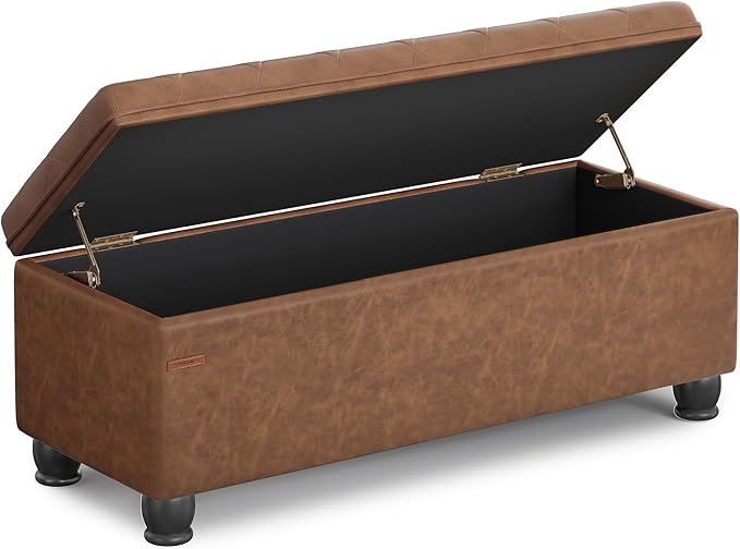 SONGMICS Storage Ottoman, Storage Bench, Tufted Entryway Bedroom Bench, 17.7 x 46.5 x 17.7 Inches, Hinges Easy Lid Operation, Wooden Legs, Synthetic Leather, Loads 330 lb, Coffee Brown ULOM071K01