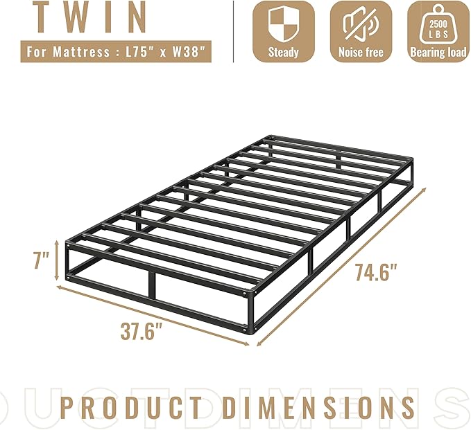 Box Spring Twin Size, 7 Inch Low Profile Metal Frame Mattress Foundation, 3000 lbs Heavy Duty Boxspring with Fabric Cover, Easy Assembly, Noise Free, Non-Slip