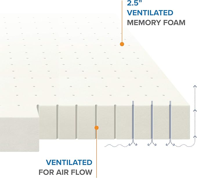 Best Price Mattress 2.5 Inch Ventilated Memory Foam Mattress Topper, CertiPUR-US Certified, King White