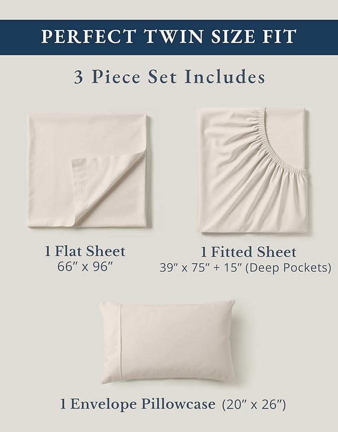 LANE LINEN Twin Bed Sheets, 100% Organic Cotton Sheets Twin Size, 3Pc Twin Bed Sheet, Hotel Quality Bed Sheet Set, Bedding Sheet & Pillowcases, Deep Pockets Upto 15" - Glacier Grey