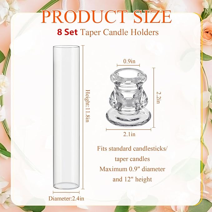 8 Set Christmas Glass Hurricane Candle Holders 12.6" Open Ended Glass Candleholder Tube Shape Bottomless and 2.2" Taper Clear Candlestick Holders for Wedding Party Table Centerpiece (Clear)