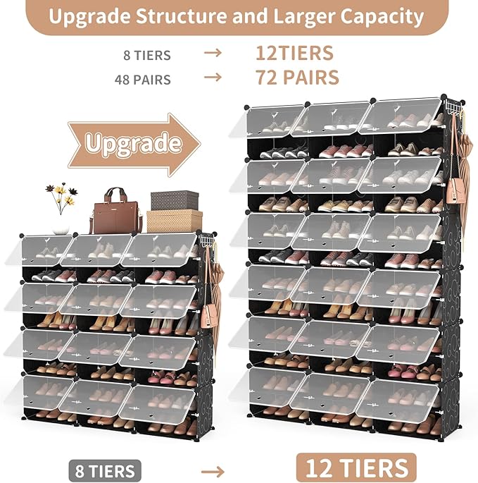 ROJASOP Portable Shoe Rack Organizer, 72 Pairs Covered Shoe Rack Shoe Organizer for Closet Entryway 12-Tier Shoe Storage Cabinet Space Saver Closed Shoe Organizer Cabinet with Doors