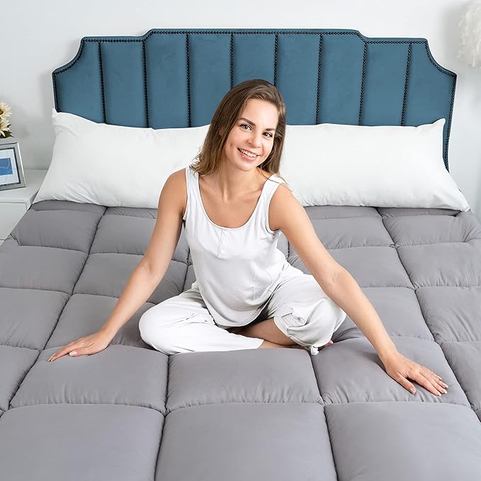 Marine Moon King Mattress Topper Cooling Extra Thick Plush Pillow Top Mattress Pad Hotel Quality Down Alternative for King Size Bed, Soft Bed Toppers for Back Pain, Grey