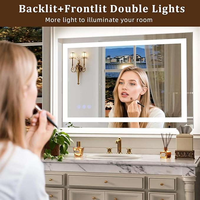 LED Bathroom Mirror, 40"x 30" Smart Bathroom Vanity Wall Mirrors with Lights, Anti-Fog, Dimmable, Backlit + Front Lit, 3 Color Modes, Memory Function