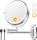 Auxmir 1X/30X Wall Mounted Makeup Mirror with Light, 8" Rechargeable Double-Sided Magnifying Mirror, Vanity Mirror Dimmable 3 Color Light, 360° Extension Rotation Foldable 14.5 Inch Arm, Chrome