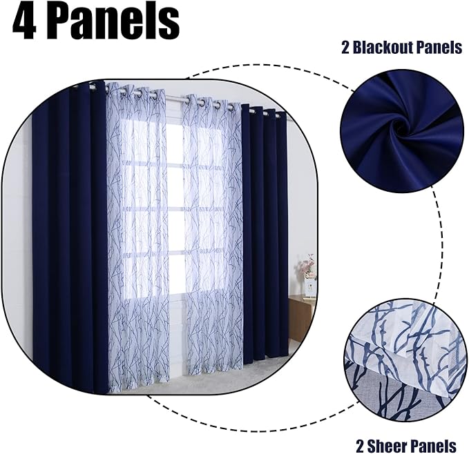 BONZER Mix and Match Curtains - 2 Pieces Branch Print Sheer Curtains and 2 Pieces Blackout Curtains for Bedroom Living Room Grommet Window Drapes, 37x63 Inch/Panel, Indigo, Set of 4 Panels