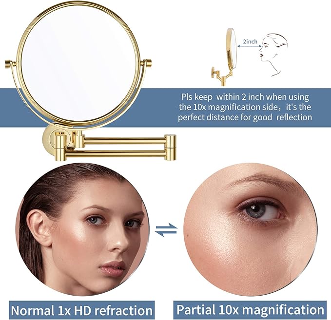 DOWRY 8-Inch Double-Sided Wall Mounted Makeup Mirror with 10x Magnification,14.4-Inch Extension,Gold Finish 1305J(8in,10x)