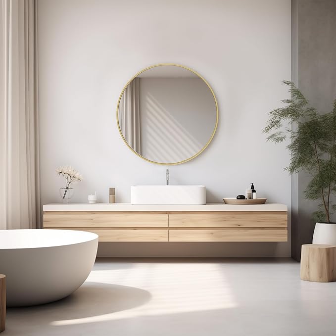 DUMOS Gold Circle Mirror for Wall 24.02 inch, Bathroom Round Mirror for Over Sink, Bathroom, Entryway, Bedroom, Vanity