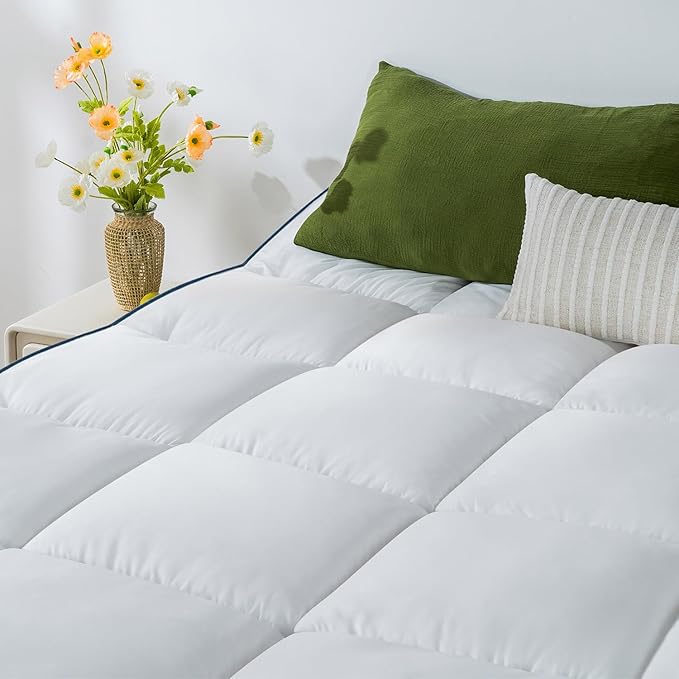 QUEEN ROSE Mattress Topper Queen, Pillow Top Extra Thick Mattress Bed Cover Topper, Soft Baffle Box Overfilled Down Alternative for Back Pain, 4 Corner Straps, White