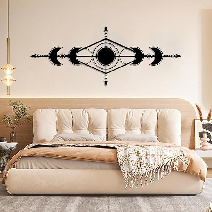 Hfrolixit Moon Phase Metal Wall Decor, Boho Moon Metal Wall Art, Celestial Wall Decor, Scandinavian Natural Wall Art, Astrology Wall Hanging (Silver, 48"x19"/121x49cm)