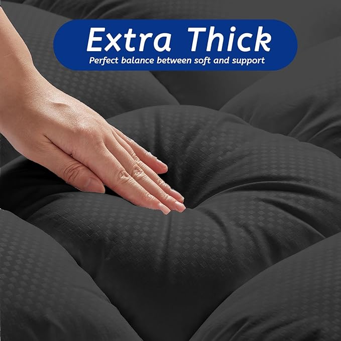 Full Size Mattress Topper for Back Pain, Cooling Extra Thick Mattress Pad Cover with 8-21 inch Deep Pocket, Plush Pillow Top Mattress Topper Overfilled with Down Alternative, Full Size, Black