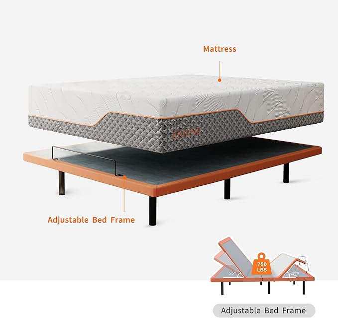ESHINE Queen Adjustable Bed Frame - 14“ Luxury Gel Memory Foam Hybrid Mattress, 5 Minutes Installation, 609 Independent Pocket Springs, Massage, Medium Soft, 3000 Premium Series