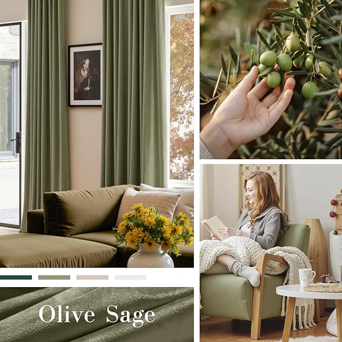 Lazzzy Velvet Blackout Curtains Thermal Insulated Room Window Drapes Super Soft Luxury Curtains for Living Room Bedroom Rod Pocket 2 Panels, Olive Sage, 52" W x 72" L