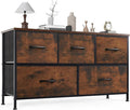 OLIXIS 5 Drawer Dresser Nightstand Classic Rust Brown, Wooden Top Metal Frame Fabric Storage Organizer for Bedroom Living Room Entryway, Wide TV Stand Closet Chest Furniture