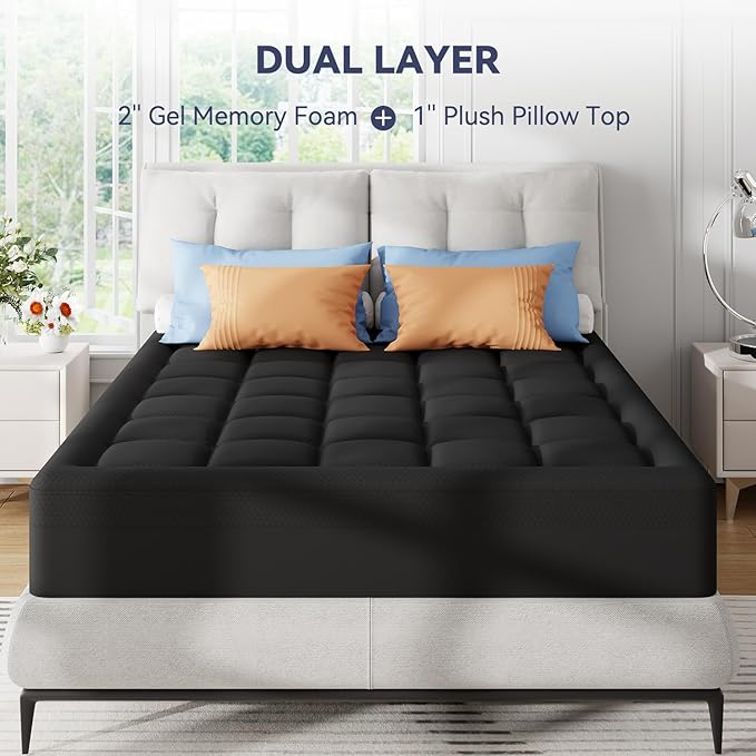 ELEMUSE Dual Layer 3 Inch Memory Foam Mattress Topper Full Size, 2 Inch Cooling Gel Memory Foam Plus 1 Inch Down Alternative Pillowtop Mattress Pad with Cooling Cover, Soft Comfort Support,Black