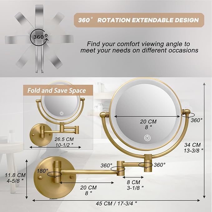 Antique Brass Rechargeable Wall Mounted Makeup Mirror Magnifying, 1X/10X Magnifying Mirror for Bathroom, 8 Inch 2 Sided 360 Swivel Extendable Arm Vanity Shaving Mirror for Bathroom
