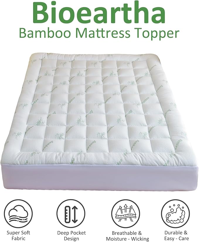 Bioeartha Cooling Mattress Topper California King – Extra Soft Pillow Top Mattress Pad, Breathable Viscose Made from Bamboo Mattress Protector for Back Pain Relief, Deep Pocket Cover Fits 8–21 Inch