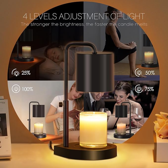 Candle Warmer Lamp Adjustable Height Dimmable with Timer Large Jar Candles Compatible - No Flame Scented Wax Warmer with 2 Bulbs - Mothers Day Gift - Black