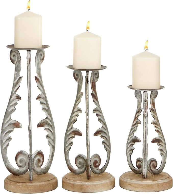 Deco 79 Metal Solid Candle Holder, Set of 3 14", 12", 10"H, Silver