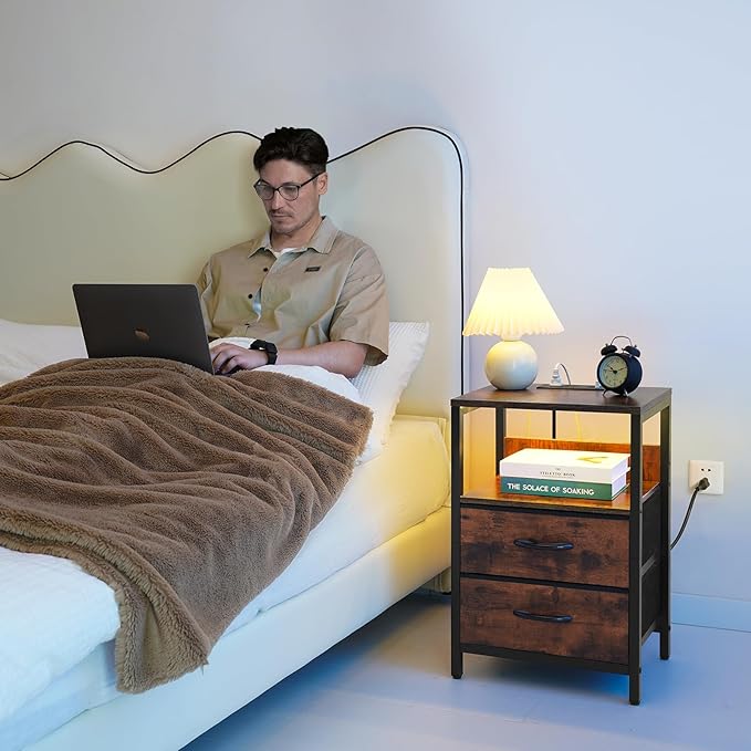 Yoobure Nightstand with Charging Station, LED Night Stand with Fabric Drawers and Storage Shelf for Bedroom, Nightstands Bedside Tables with USB Ports & Outlets, Small Night Stands, Bed Side Table