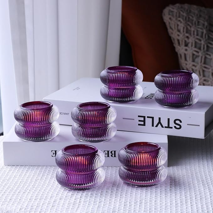 Woho Ribbed Votive Candle Holders Set of 6 for Wedding Decor, Vintage Tealight Candle Holder for Halloween/Thanksgiving, Glass Tea Lights Candle Holder for Dinner Table (Purple, 2.1" H X 2.75" D)