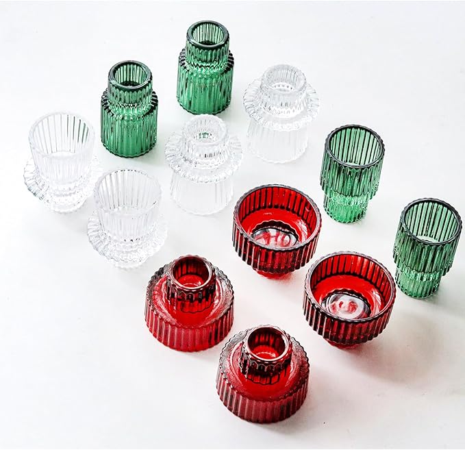 Christmas Candle Stick Holder Set Red Green Glass Taper Candle Holders for Tealight Candlestick Candle ChristmasTable Centerpieces Holiday Decor12PCS
