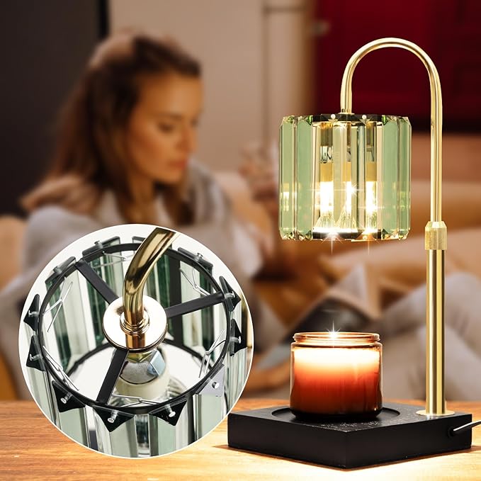 Candle Warmer Lamp with Timer, Dimmable Candle Wamer Adjustable Height, Glass Modern Candle Melter Lamp, Elegant Home Decor, Green, Gifts for Women Mom