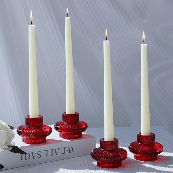 VOHO 12pcs Ribbed Taper Candle Holders for Table Centerpiece, Romantic Red Glass Candle Holder for Anniversary Wedding Decor, Double-Sided Red Tapered Candlestick Holders for Tealight & Taper Candles