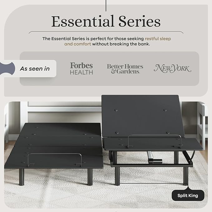 Sven and Son Essential Adjustable Bed Base (Frame Only), Easy Assembly, Head and Foot Lift, Memory Positions, Zero Gravity, Wireless Remote - Split King