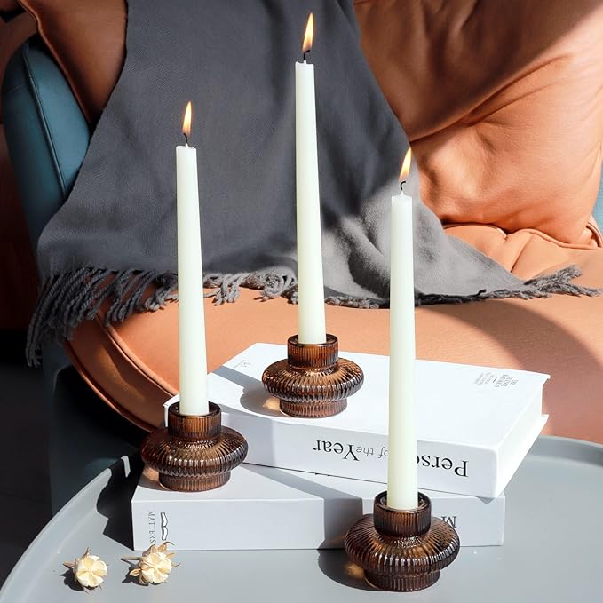VOHO 18pcs Brown Taper Candle Holders for Table Centerpiece, Reversible Glass Candle Holder for Candle Sticks & Tea Lights Candles, Classic Ribbing Tapered Candlestick Holders for Home, Boho Decor