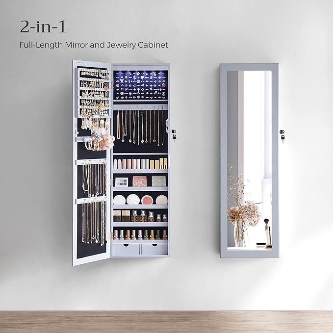 SONGMICS 6 LEDs Mirror Jewelry Cabinet, 47.2-Inch Tall Lockable Wall or Door Mounted Jewelry Armoire Organizer with Mirror, 2 Drawers, Christmas Gift, 3.9 x 14.6 x 47.2 Inches, Gray
