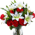 Hotop 20 Pcs Artificial Flowers Velvet Realistic Roses and Latex Lilies Flowers Bouquet Decorations Arrangements for Home Table Centerpieces Independence Day(White, Red)