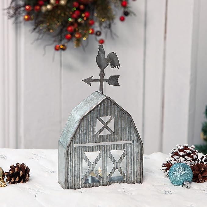 Barn Shaped Tea Light Candle Holder Farmhouse Galvanized Metal Candle Holder Vintage Decorative Tealight Holder for Table Centerpiece Decoration - 5.24" x 1.97" x 9.25"