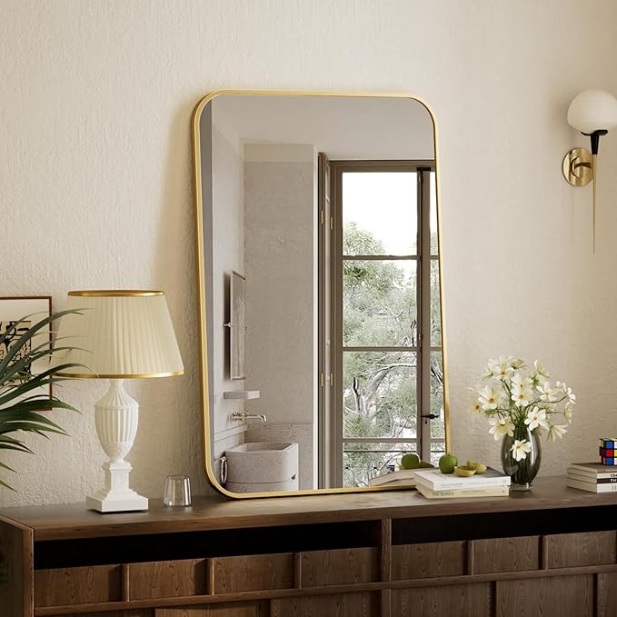 BEAUTYPEAK 24" x 36" Rectangular Aluminum Alloy Frame Wall Mounted Bathroom Mirror with Rounded Corners, Gold