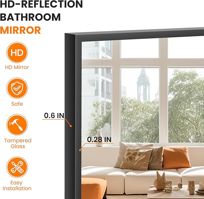 Bathroom Vanity Mirror for Wall, 60" x 36" Metal Framed Rectangular Bathroom Wall Mirror for Over Sink, HD Shatterproof Glass, Hangs Horizontally or Vertically(Black)