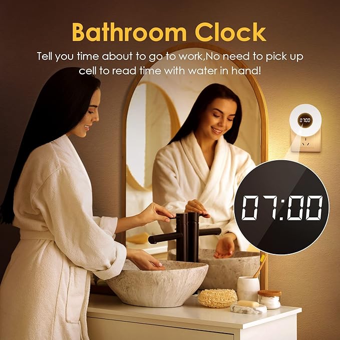 【2 PACK】 Bathroom Clock,10 Levels Dimmable+3 Light Colors+Remote Shower Clock+Bathroom Night Light, 90 Lumen Shower Timer+Light Timer, Aora Night Light, Nightlight Plug in Night Lights for Wall Socket