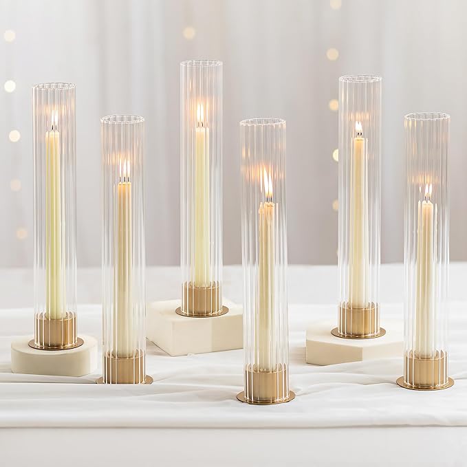 NUPTIO Candlestick Holder with Fluted Hurricane: Set of 6 Metal Candle Holders with Glass Cylinders - Gold Taper Candleholders for Birthday Valentine Wedding Table Centerpiece Outdoor Decor