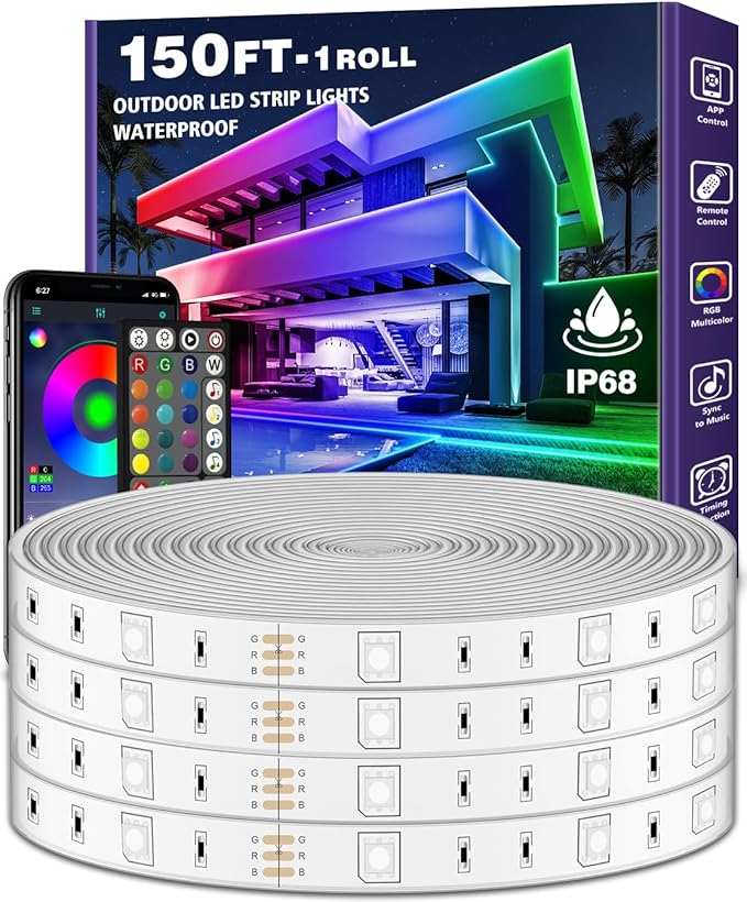 AILBTON 150ft Outdoor LED Strip Lights Waterproof,IP68 Outside Led Light Strips Waterproof with Bluetooth App Remote Control,Music Sync RGB Exterior Led Rope Lights,for Balcony,Deck,Roof,Garden,Pool