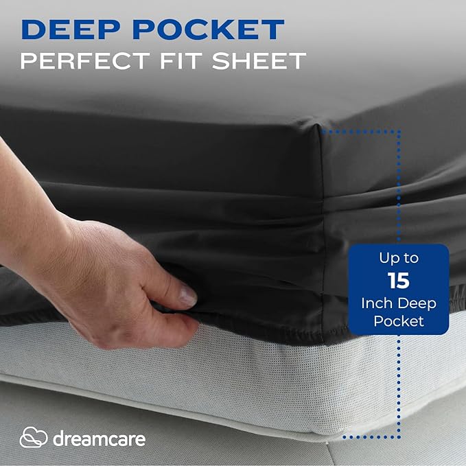 DREAMCARE Queen Size Sheets - Cooling Bed Sheets - 4pcs Set - up to 15" Deep Pocket Queen Sheet Set - Sheets Queen Size Bed - Soft & Long Lasting 100% Fine Brushed Polyester with Side Pocket - Grey