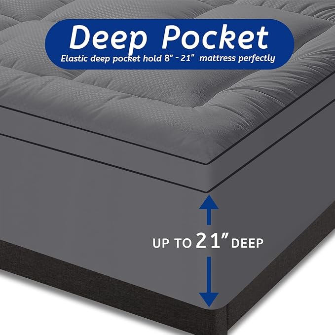 MATBEBY California King Mattress Topper, Extra Thick, Quilted Fitted, Breathable, Machine Washable, Deep Pocket, Dark Grey