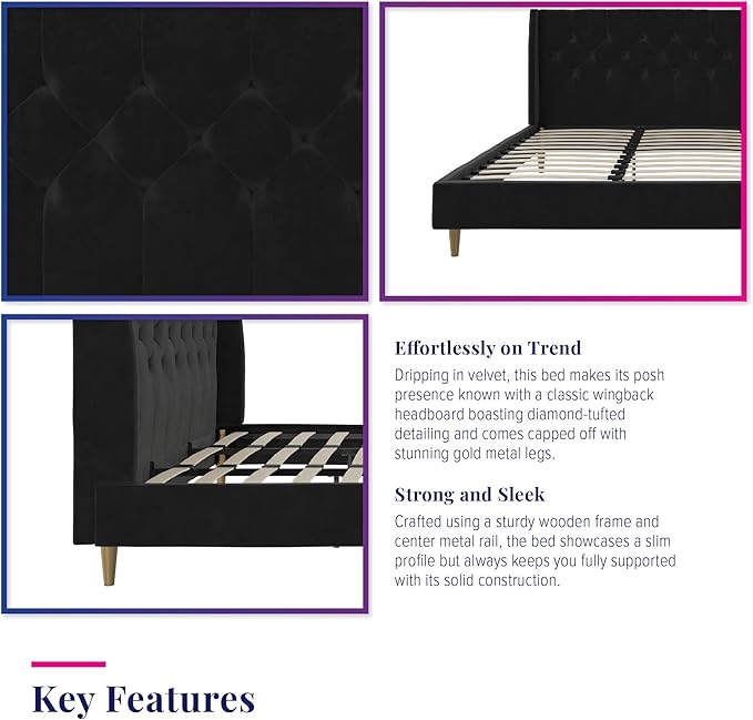 Novogratz The Her Majesty Upholstered Bed, King, Black Velvet