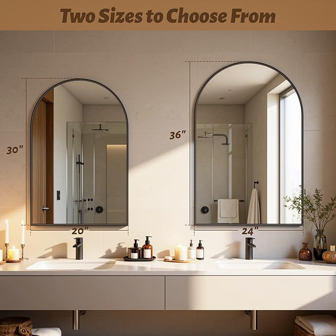 Antok Bathroom Mirror,30"x20" Wall Mirror, Decorative Mirrors Vanity Mirror Aluminum Alloy Frame Contemporary Hanging Mirror for Living Room Bathroom Entryway,Black,Arched