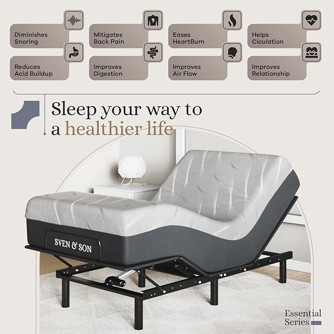 Sven and Son Essential Adjustable Bed Base (Frame) + 12 inch Memory Foam Matt (Medium), Easy Assembly, Head and Foot Lift, Memory Positions, Zero Gravity, Wireless Remote - Twin XL